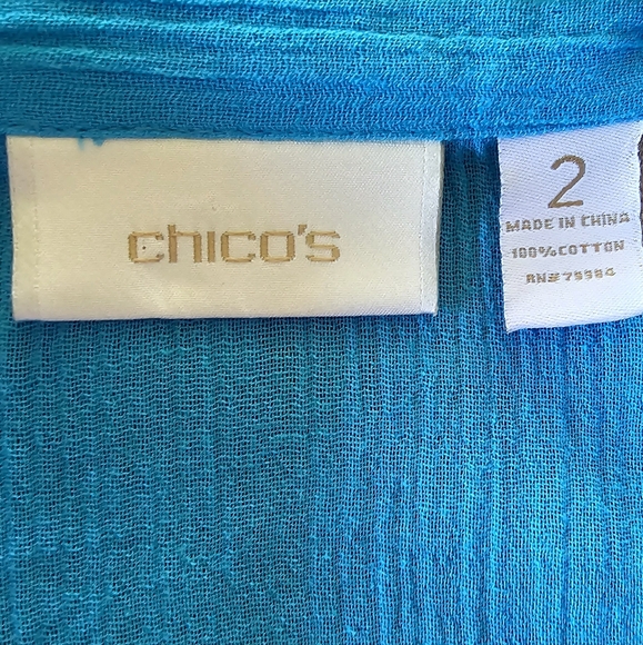 Lovely CHICO'S 100% Cotton Button Front Blouse Turquoise Chico's Size 2 (12/14) - Picture 3 of 4